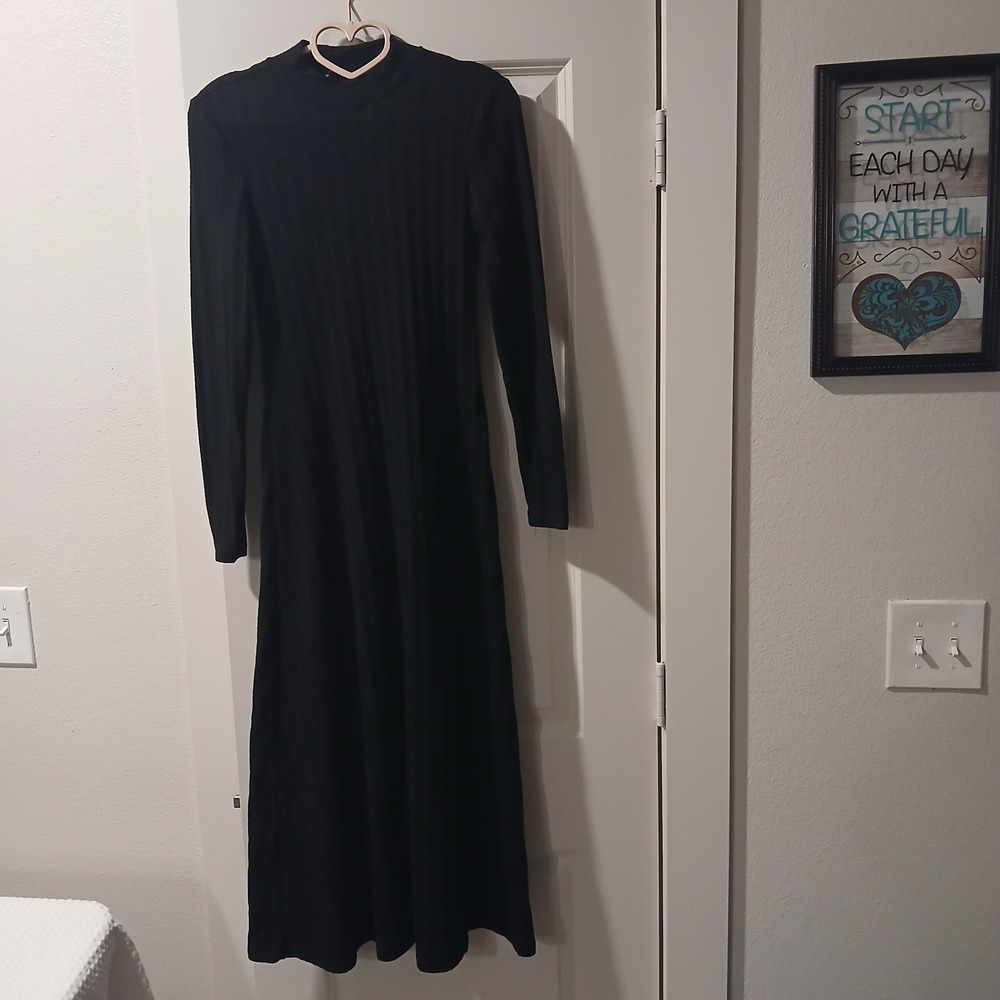 Zara Womens Black Ribbed Knit Mock Neck Long Sleeve Maxi Dress Size S